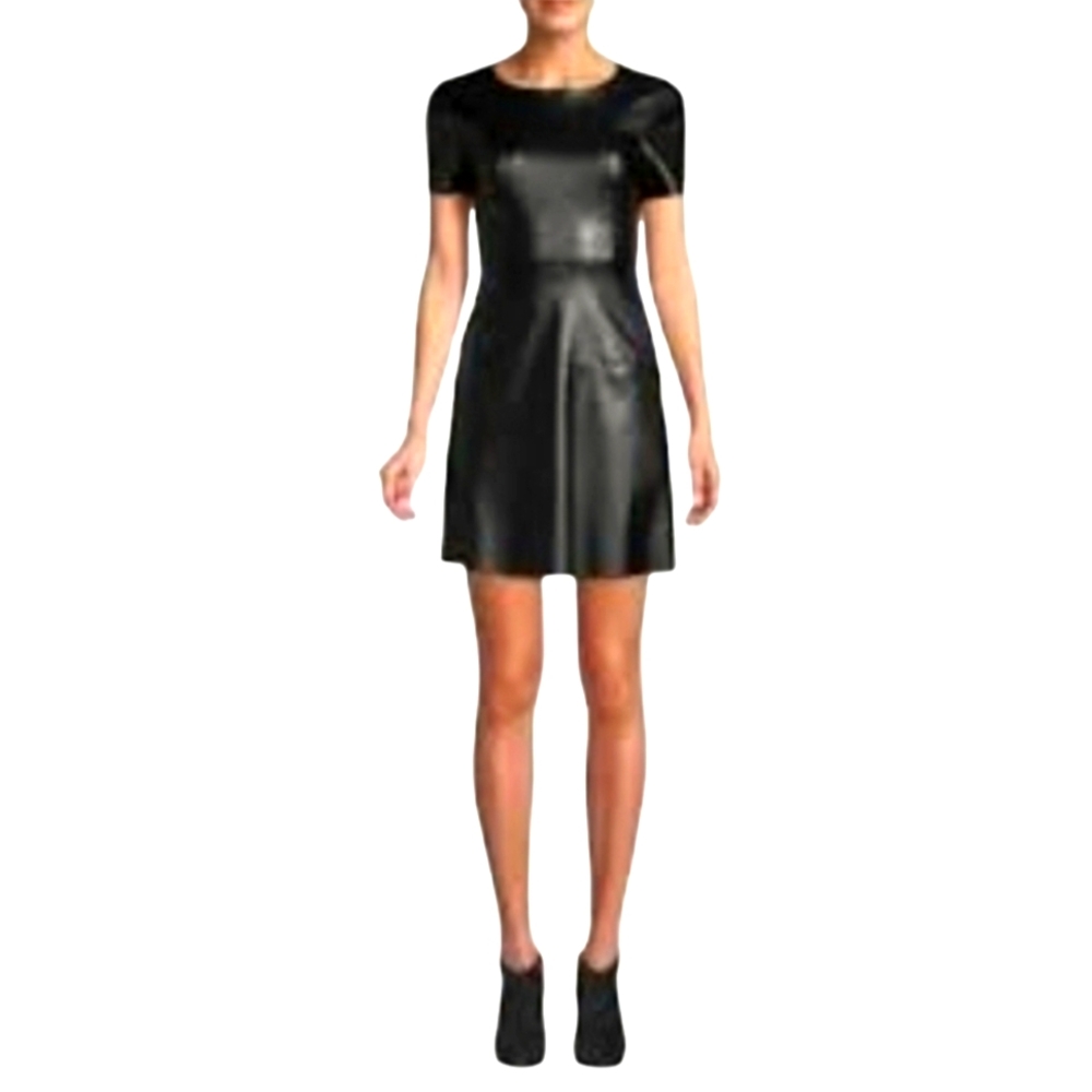 SAKS FIFTH AVENUE Faux Leather Short Sleeve A-Line Dress Small